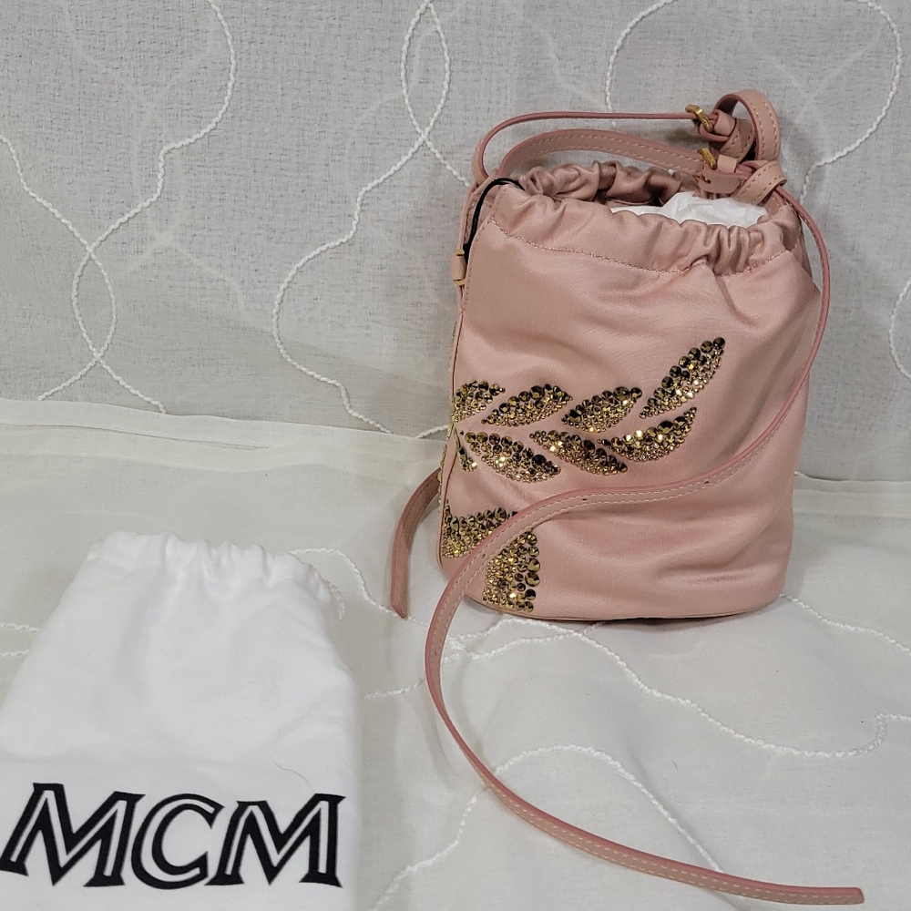 MCM Blush Pink Mini Bag with Gold Leaf Design
